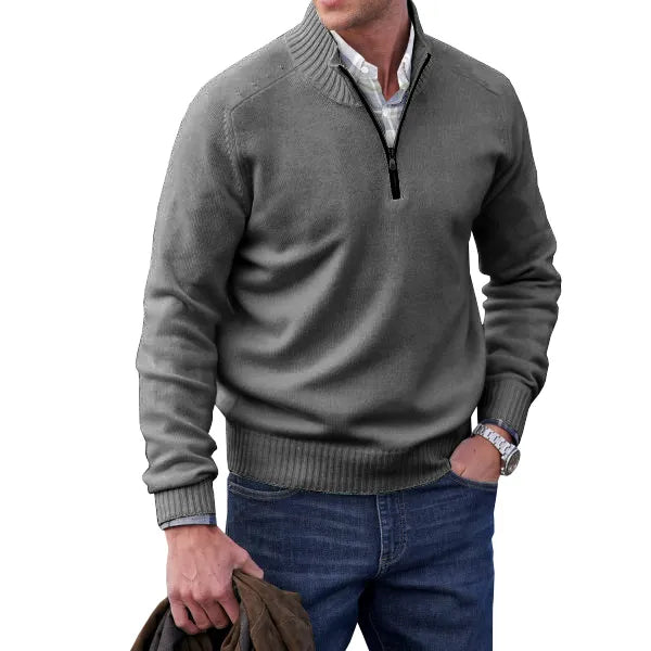 Men's Waffle Knit Quarter-Zip Sweater in Grey - front view