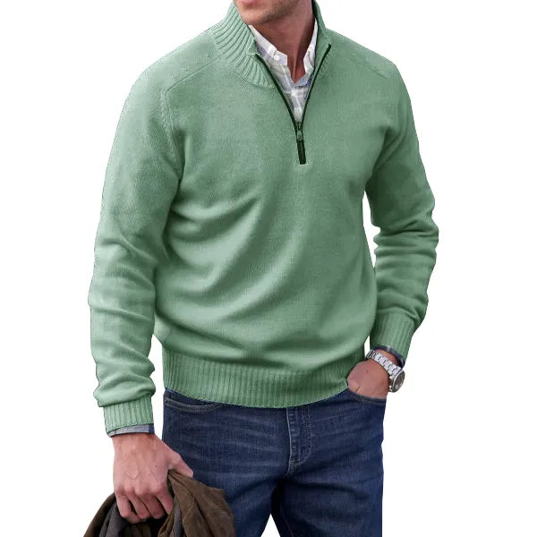 Men's Waffle Knit Quarter-Zip Sweater in Green - front view