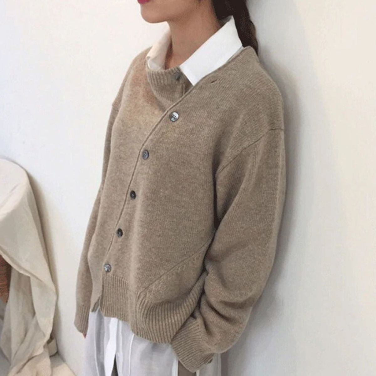 Women's Button-Front Knit Cardigan in Green - alternate angle showing fit and fabric detail