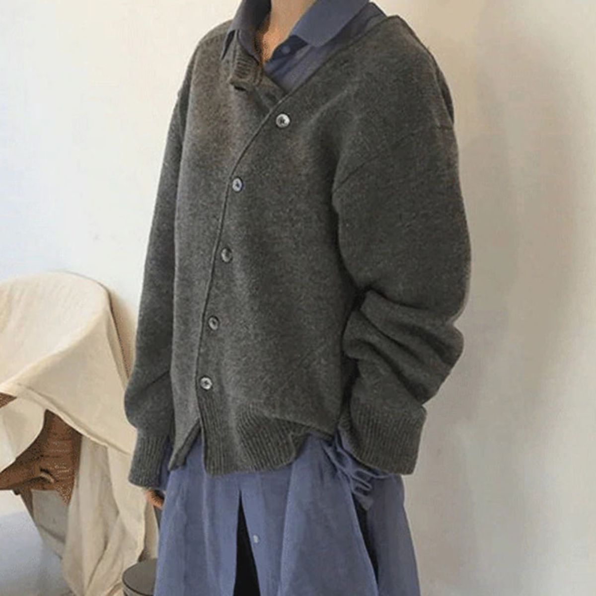 Women's Button-Front Knit Cardigan in Green - alternate angle showing fit and fabric detail