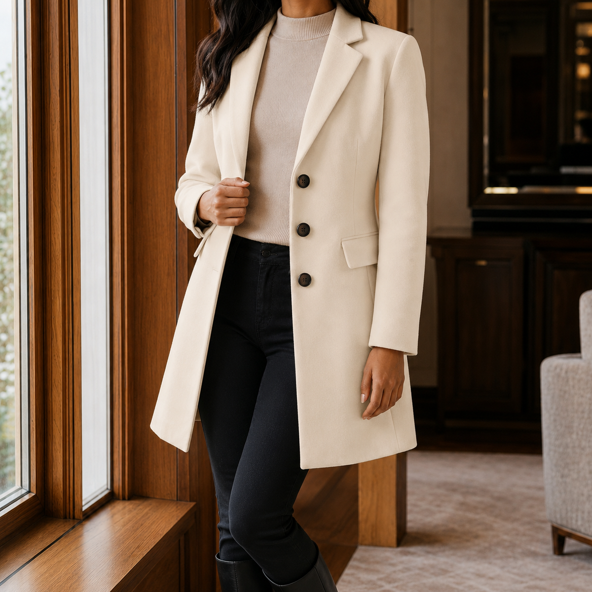 Women's Single-Breasted Tailored Coat in Cream - front view
