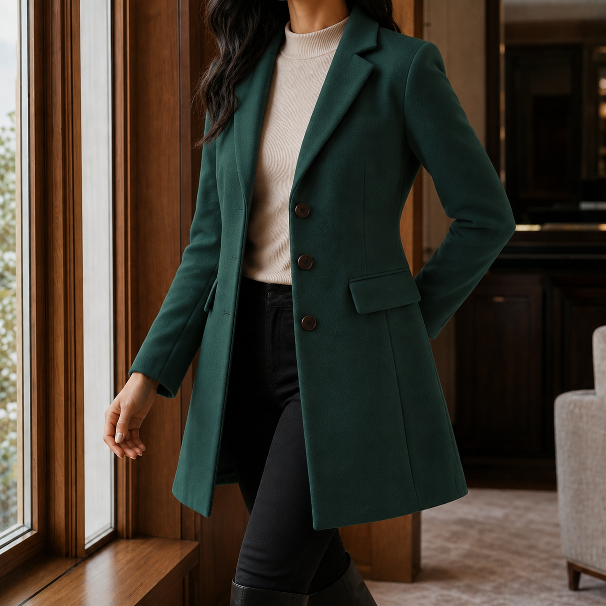 Women's Single-Breasted Tailored Coat in Green - front view