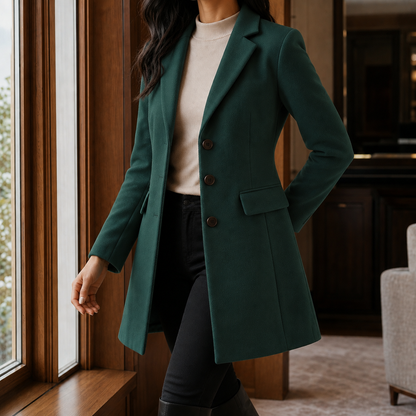 Women's Single-Breasted Tailored Coat in Green - front view