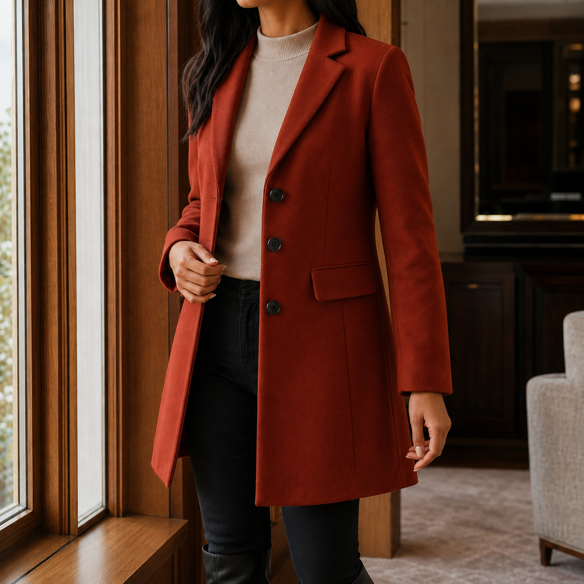 Women's Single-Breasted Tailored Coat in Brick Red - front view