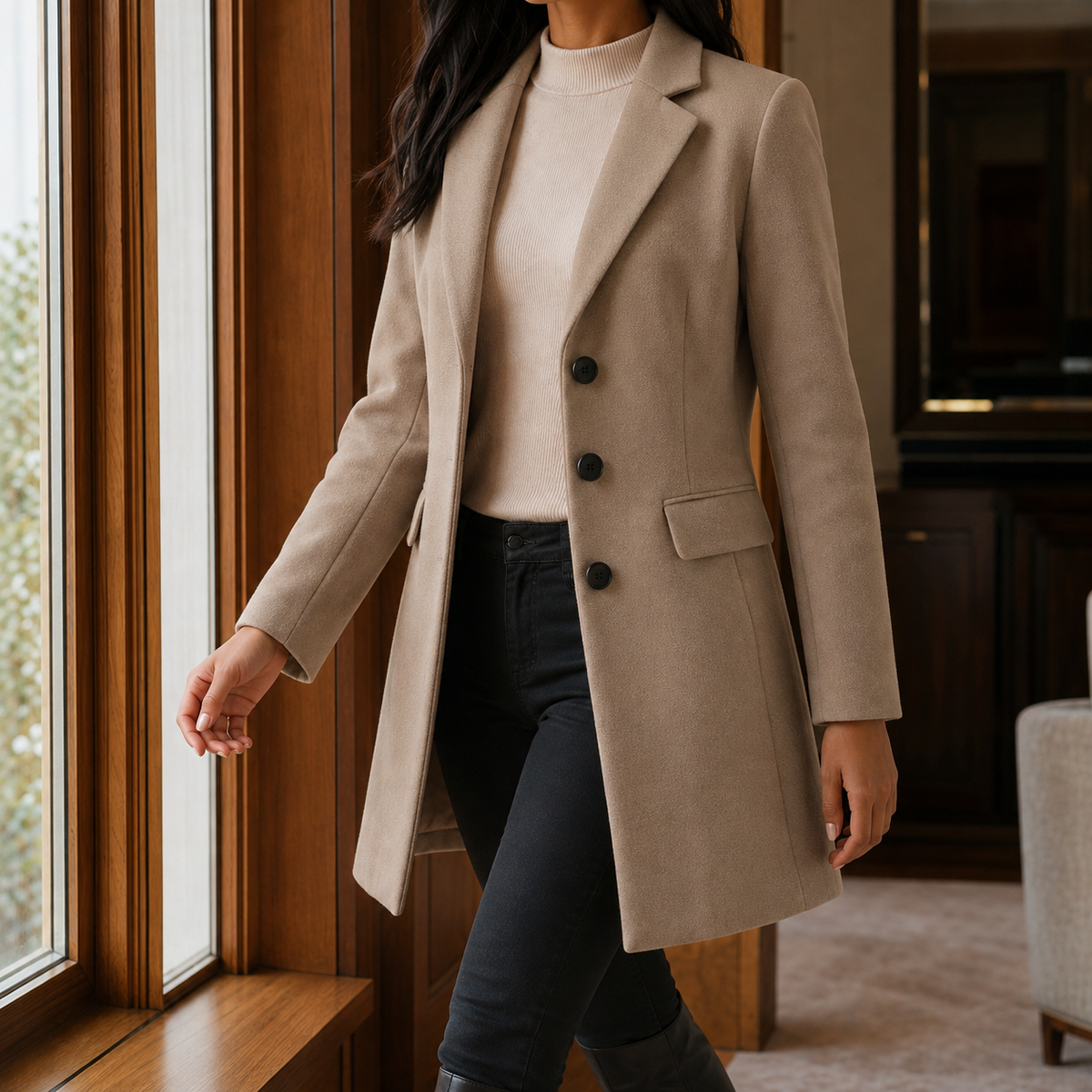 Women's Single-Breasted Tailored Coat in Dark Beige - front view