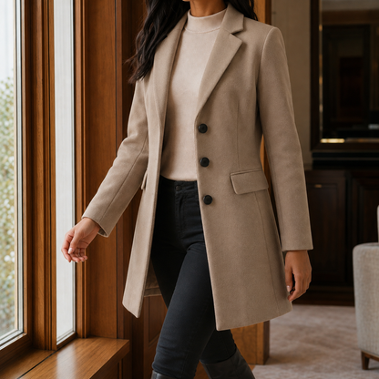 Women's Single-Breasted Tailored Coat in Dark Beige - front view