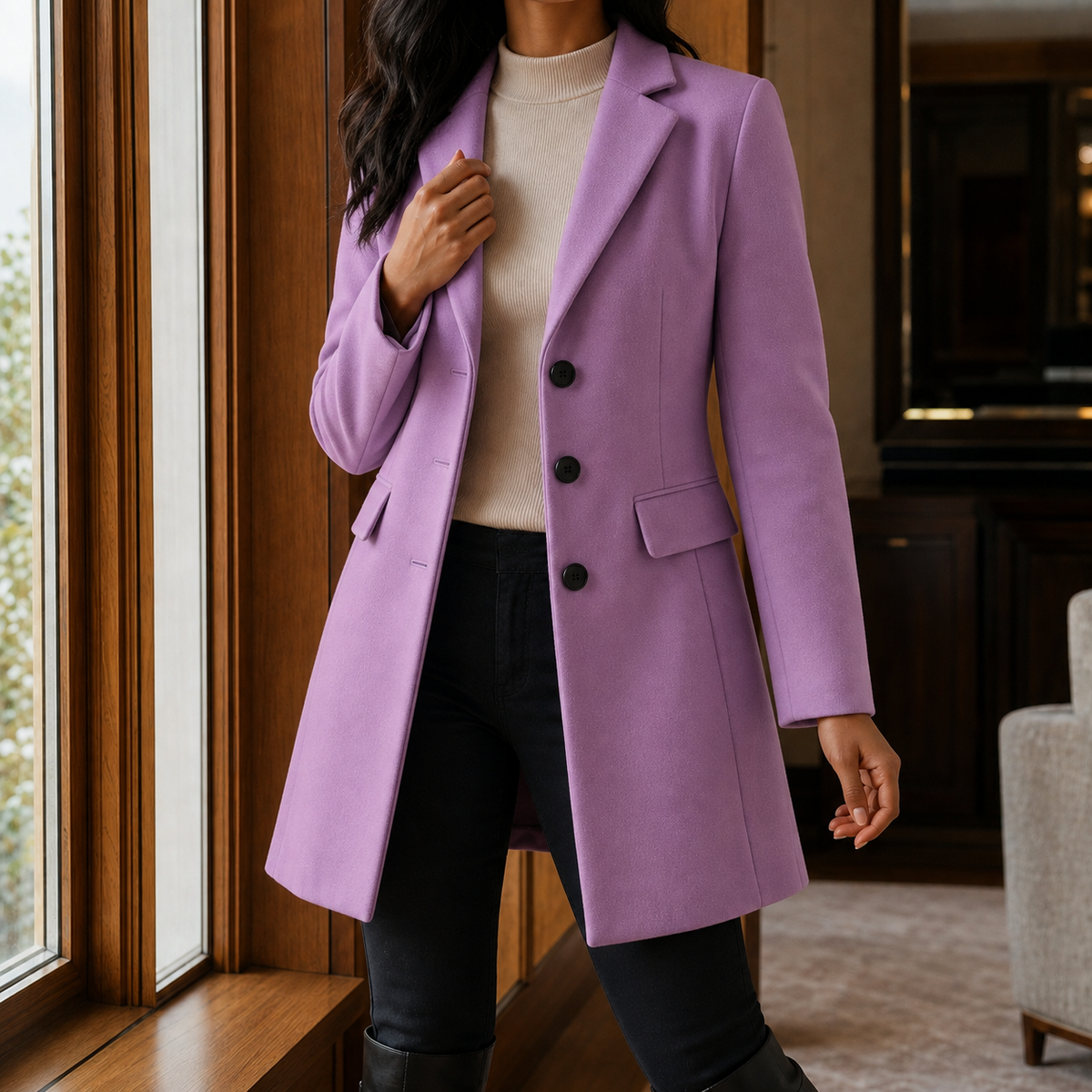Women's Single-Breasted Tailored Coat in Light Purple - front view