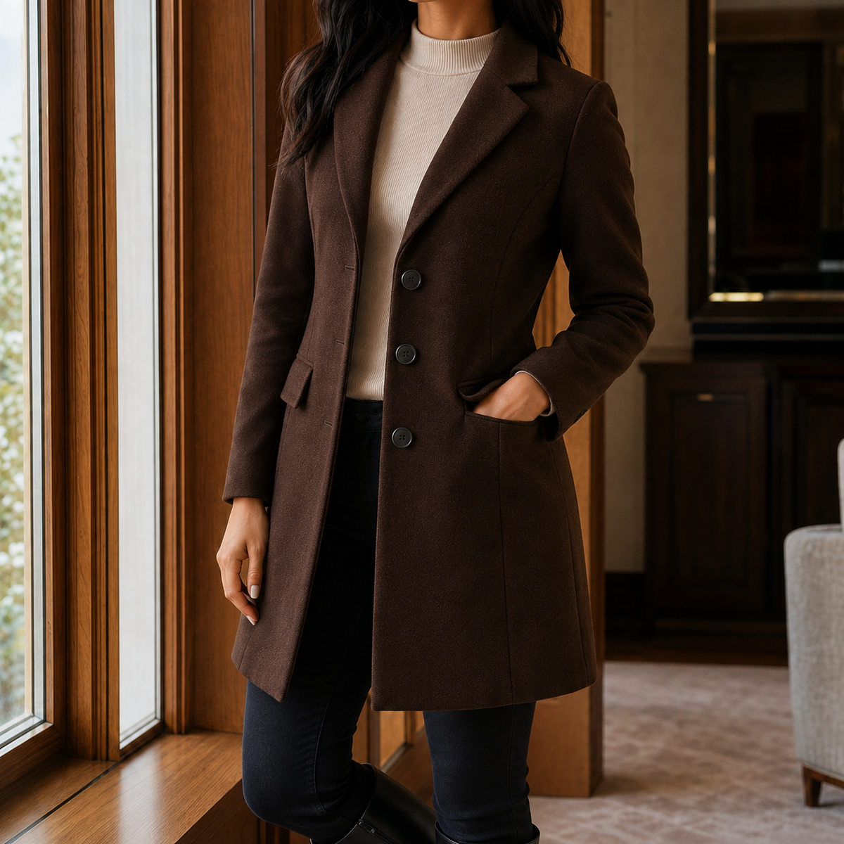 Women's Single-Breasted Tailored Coat in Dark Brown - front view