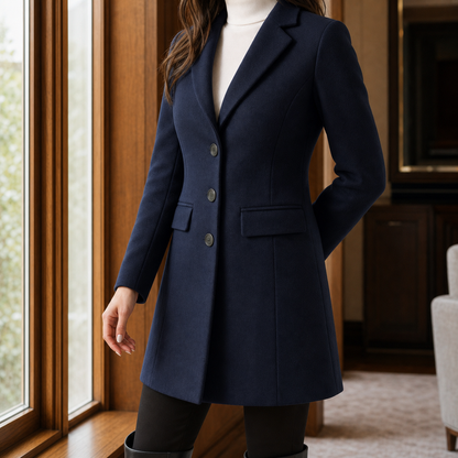 Women's Single-Breasted Tailored Coat in Dark Blue - front view