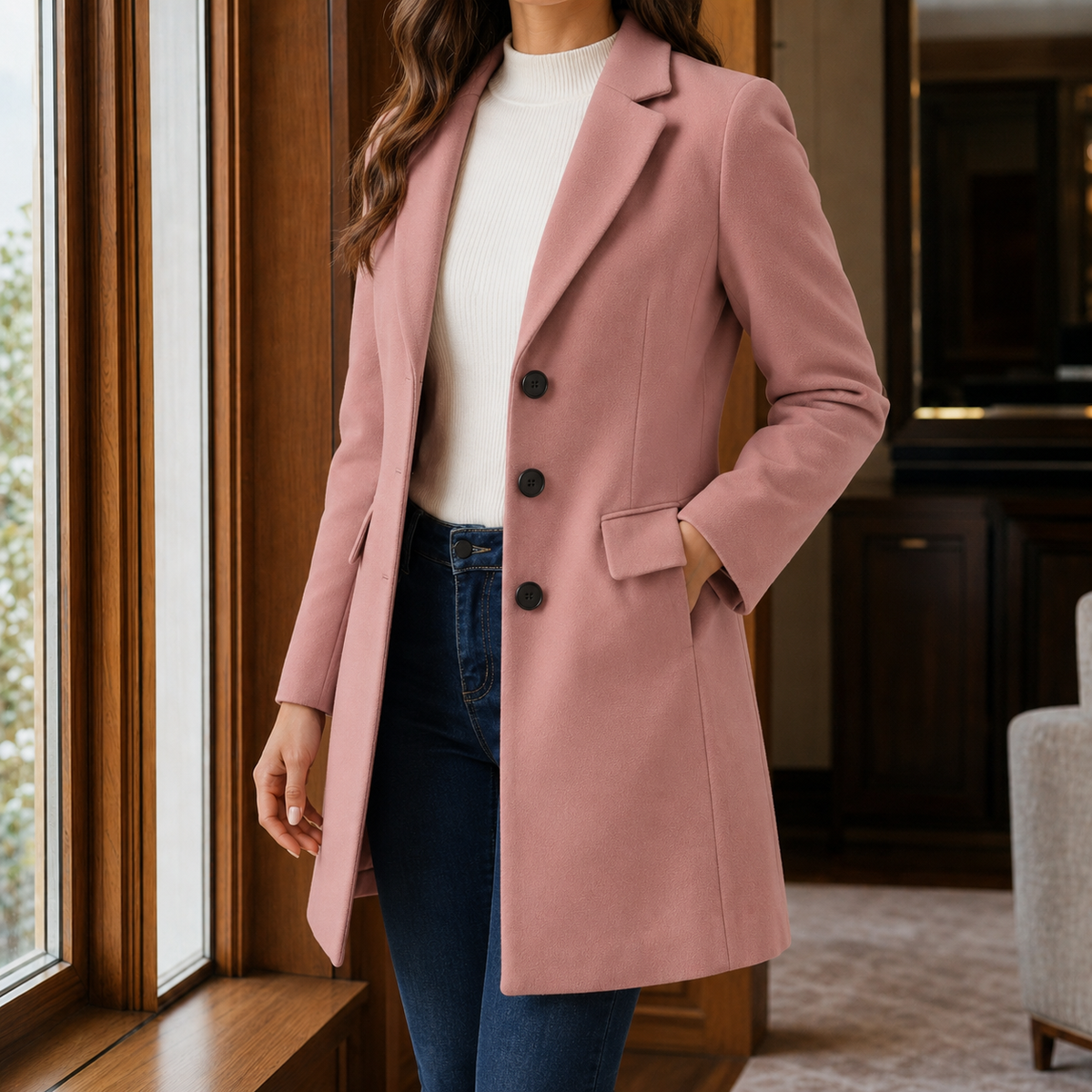 Women's Single-Breasted Tailored Coat in Pink - front view