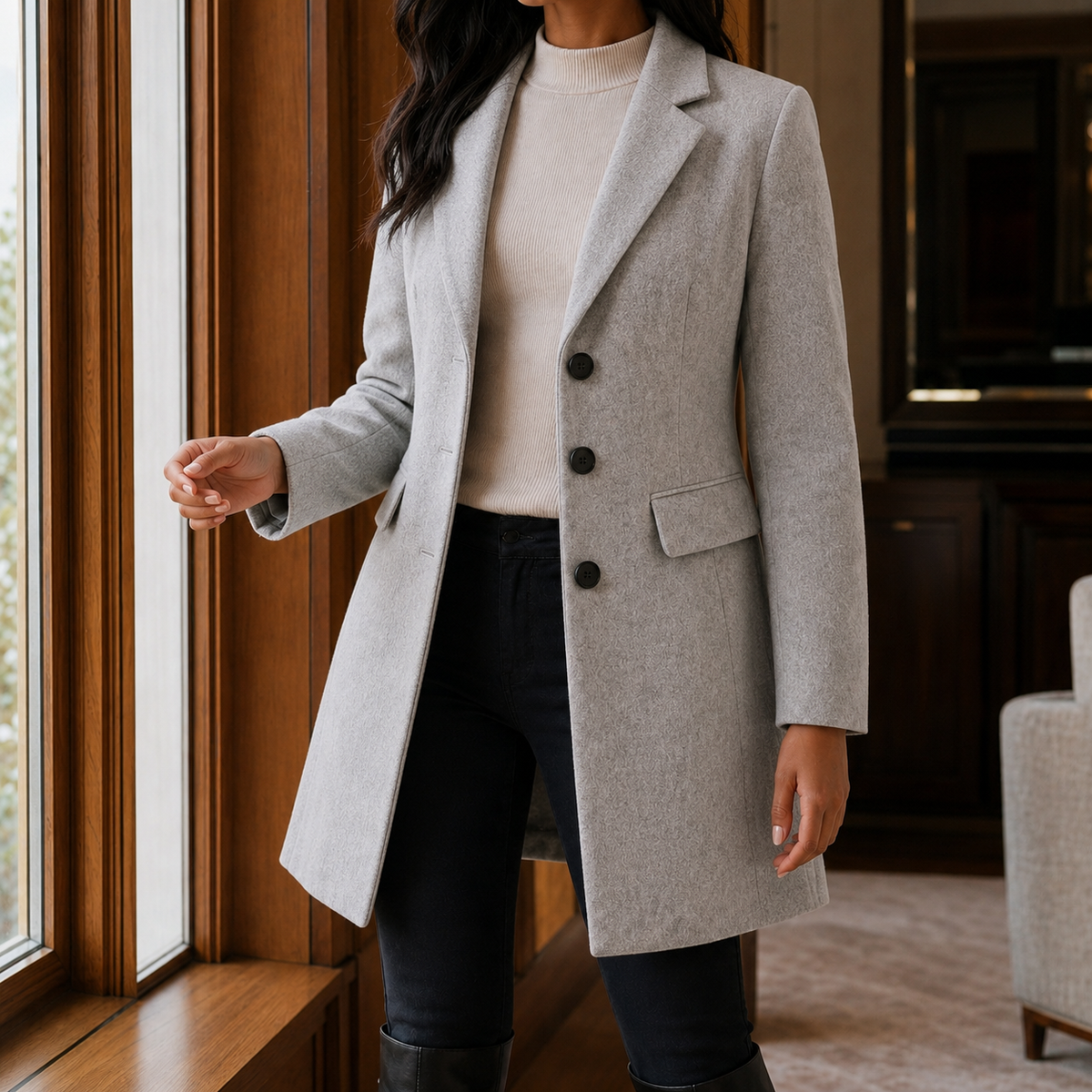 Women's Single-Breasted Tailored Coat in Light Grey - front view