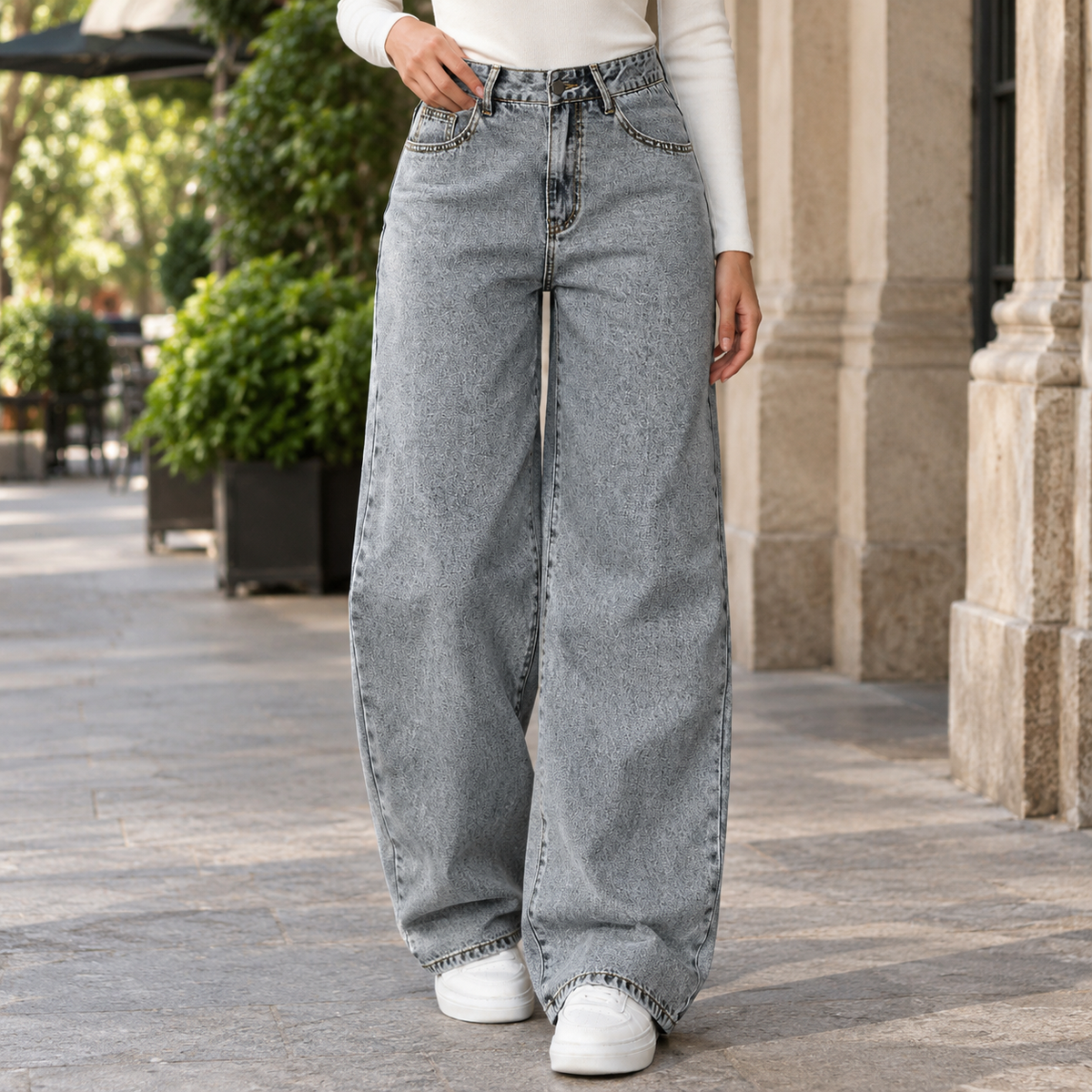 Women's Baggy Wide Leg Jeans in Grey - front view