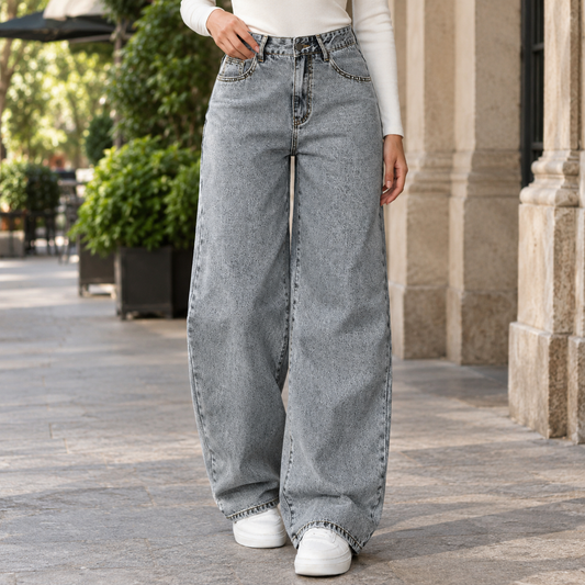 Women's Baggy Wide Leg Jeans in Grey - front view