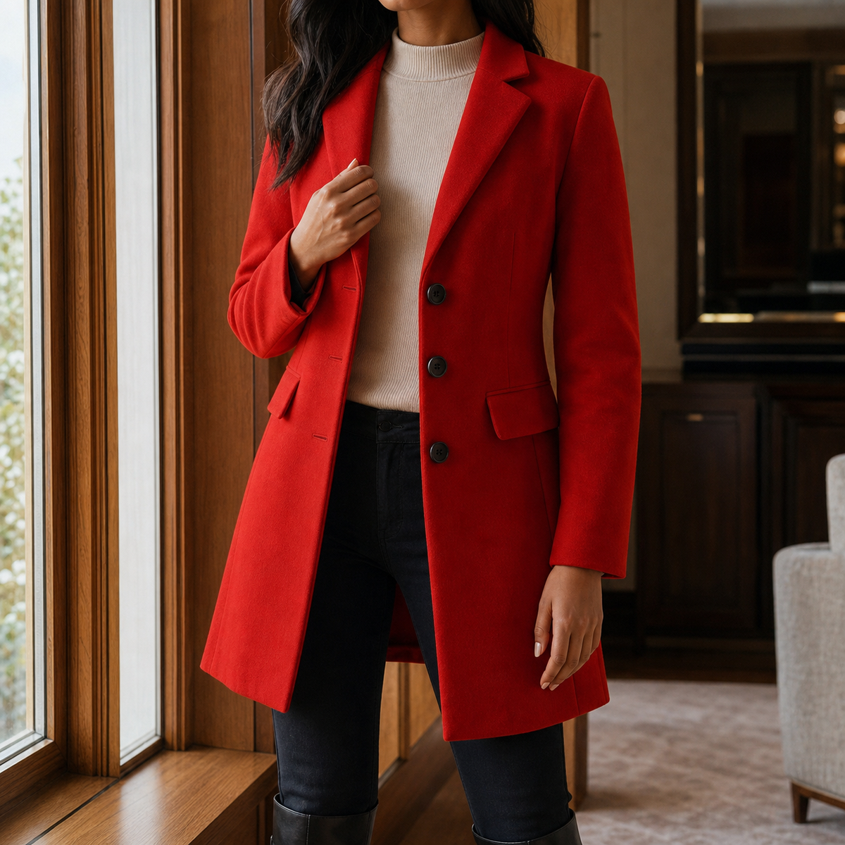 Women's Single-Breasted Tailored Coat in Red - front view