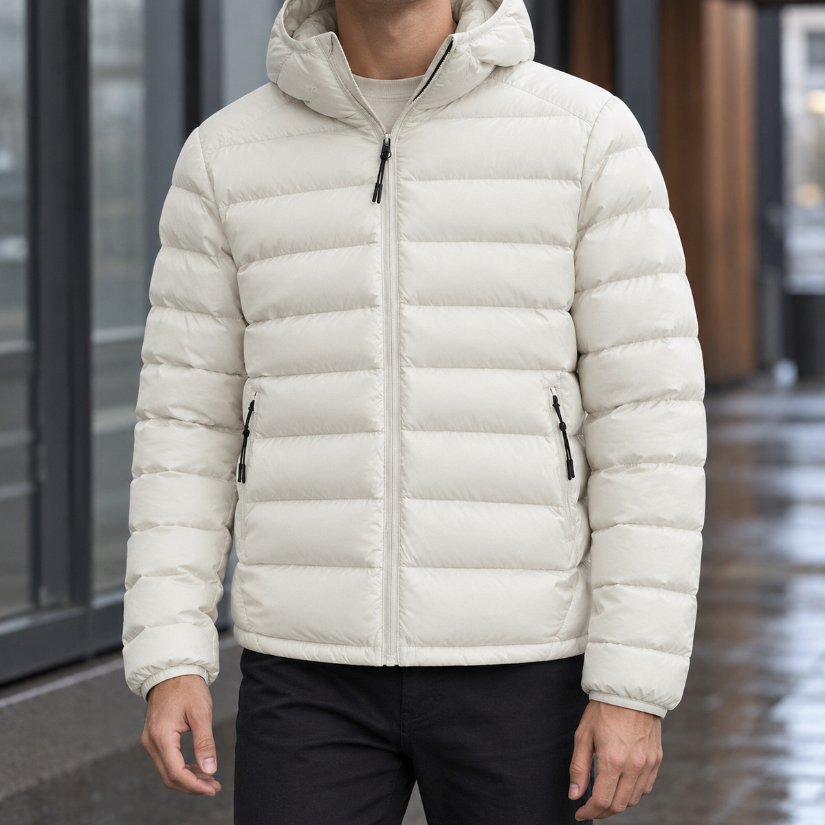 Men's Hooded Puffer Jacket in Off White - front view