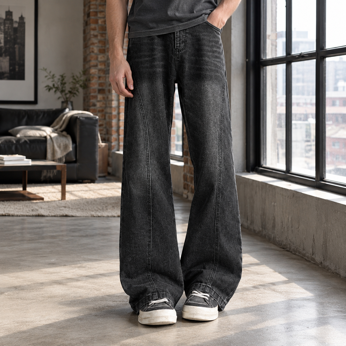 Men's Wide Leg Denim Jeans in Black - front view