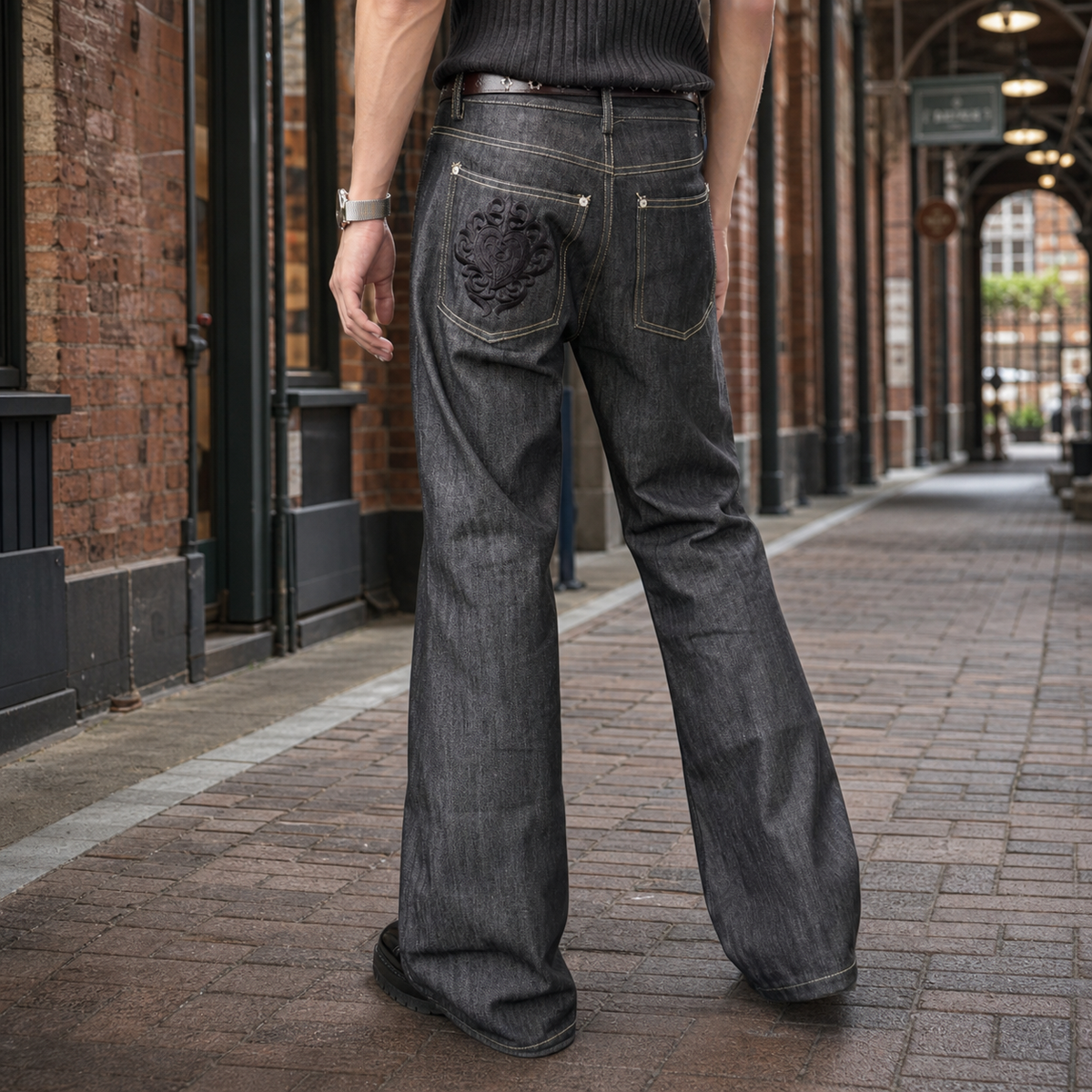 Men's Black Flared Jeans in Black - front view