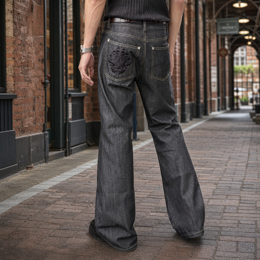 Men's Black Flared Jeans in Black - front view