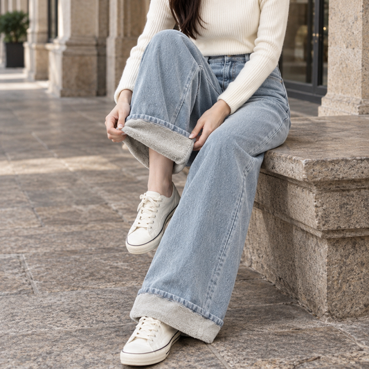 Women's Fleece Lined Wide Leg Jeans in Light Blue - front view