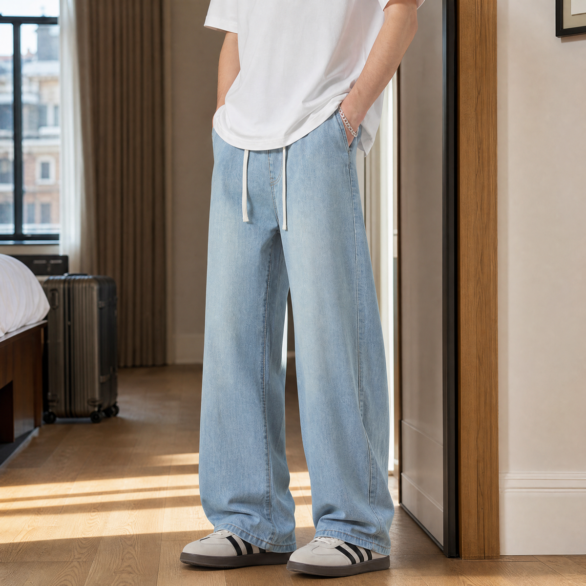 Men's Drawstring Wide Leg Jeans in Light Blue - front view