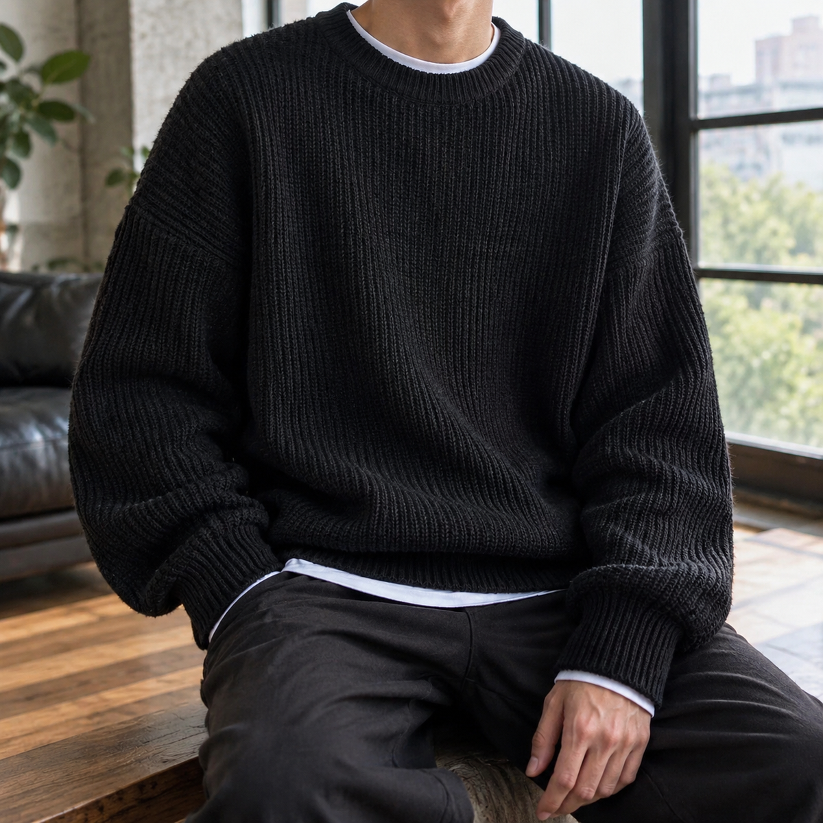 Men's Oversized Ribbed Crew Neck Sweater in Black - front view