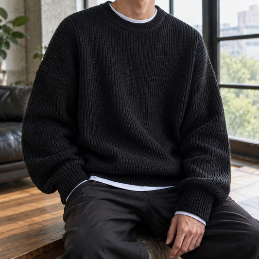 Men's Oversized Ribbed Crew Neck Sweater in Black - front view