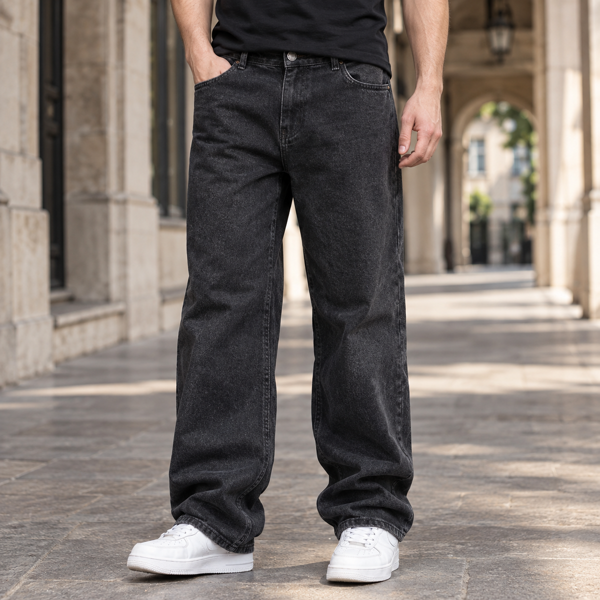 Men's Relaxed Wide Leg Jeans in Black - front view