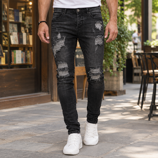Men's Ripped Slim Jeans in Black - front view