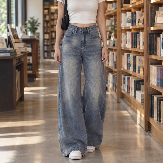 Women's Faded Wide Leg Jeans in Blue - front view
