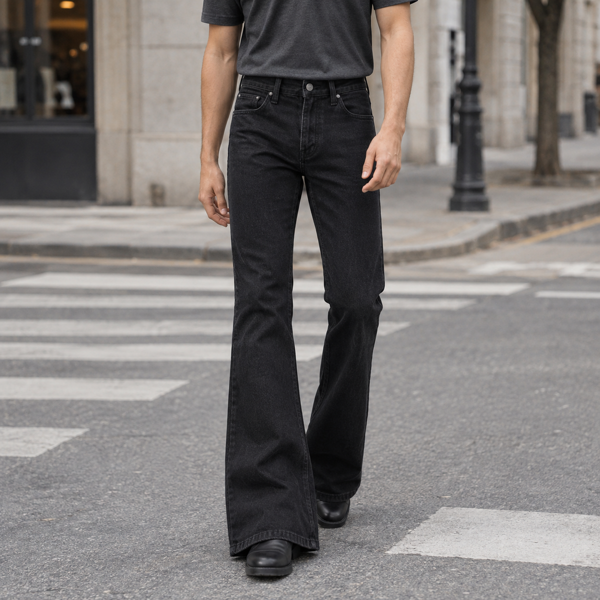 Men's Black Flared Jeans in Black - front view