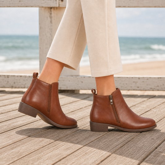 Women's Side Zip Ankle Boots in Brown - alternate angle showing fit and fabric detail