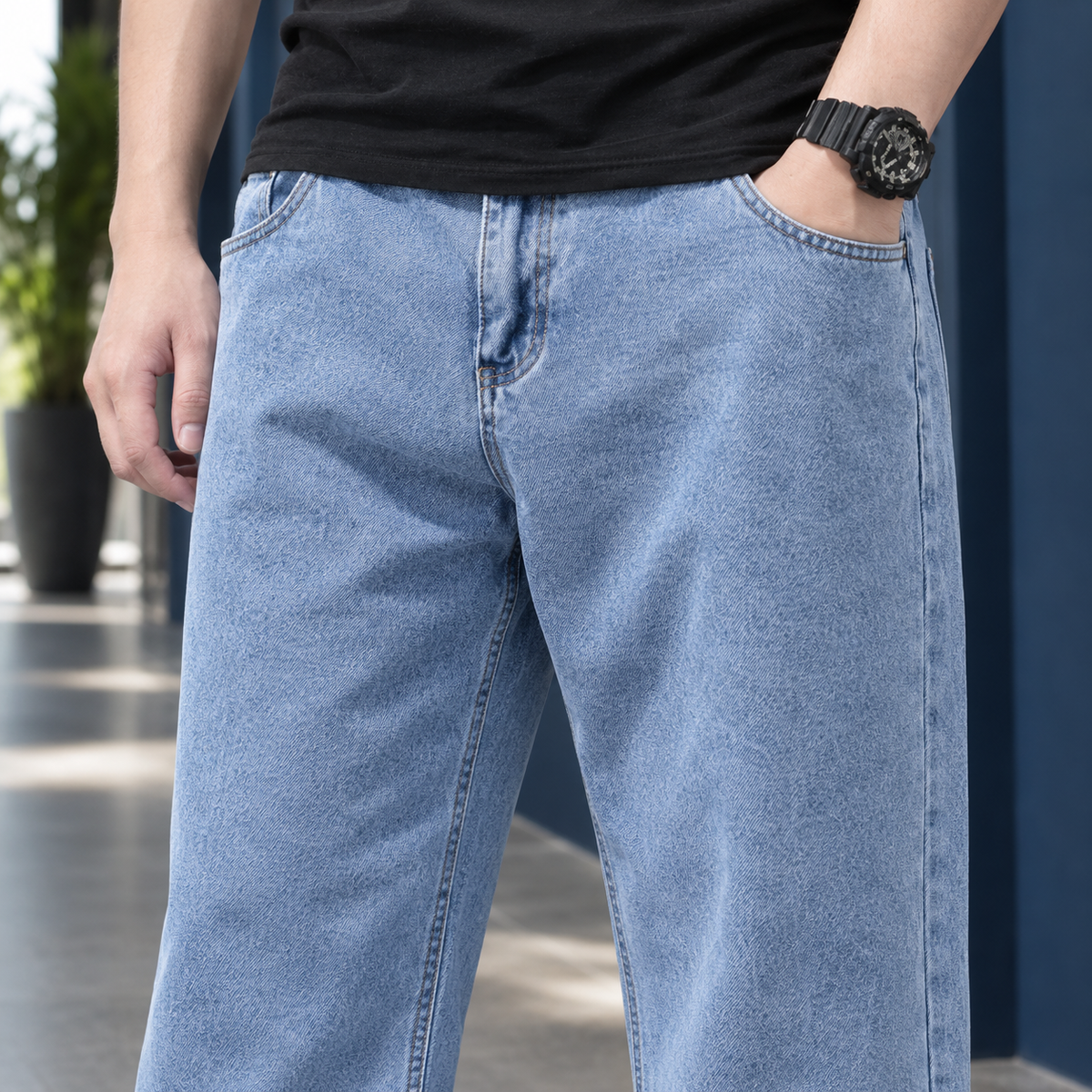 Men's Relaxed Fit Jeans in Light Blue - alternate angle showing fit and fabric detail