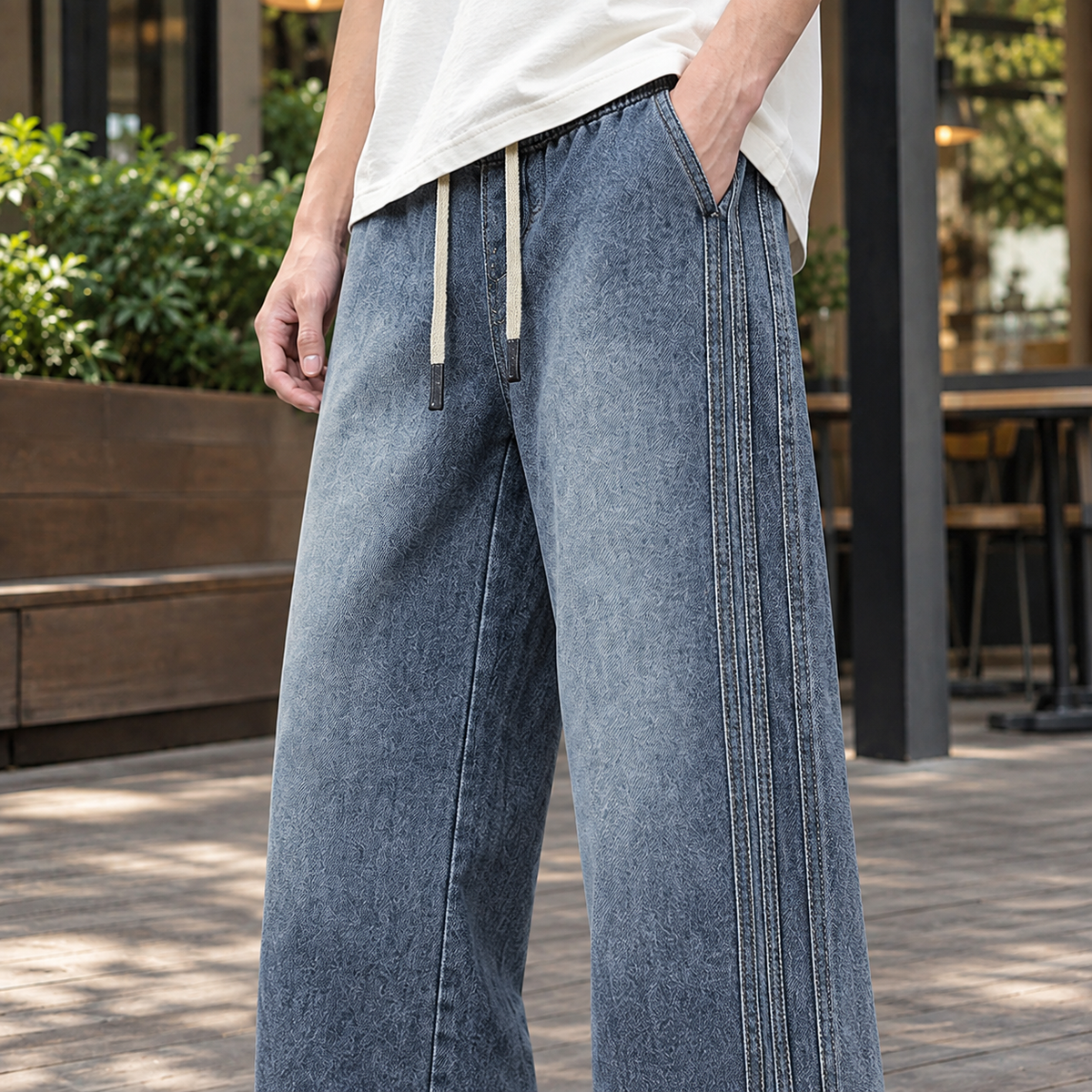 Men's Baggy Wide Leg Jeans in Vintage Blue - alternate angle showing fit and fabric detail