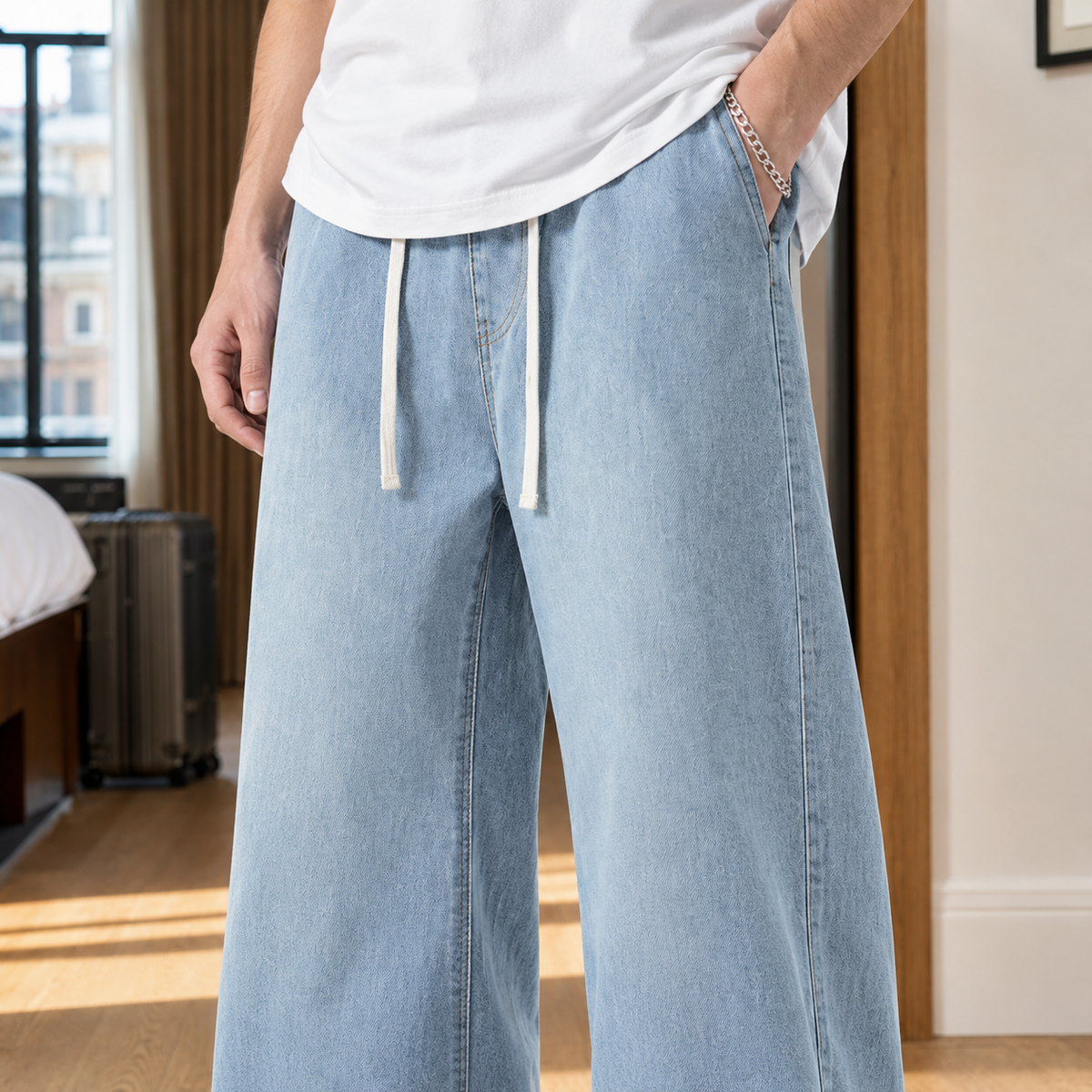 Men's Drawstring Wide Leg Jeans in Light Blue - alternate angle showing fit and fabric detail