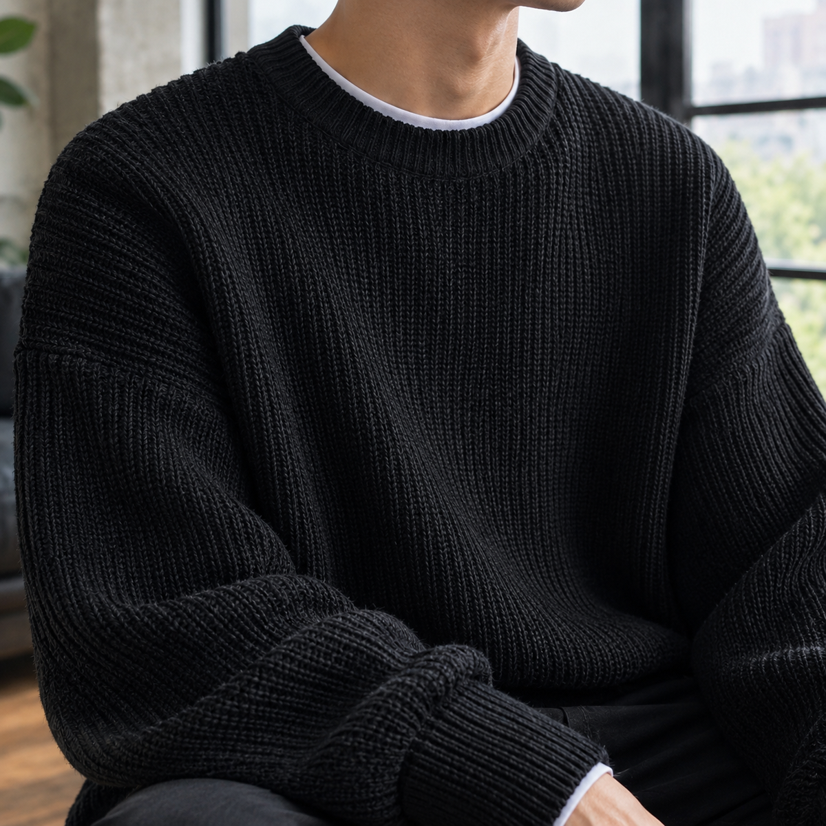 Men's Oversized Ribbed Crew Neck Sweater in Black - alternate angle showing fit and fabric detail