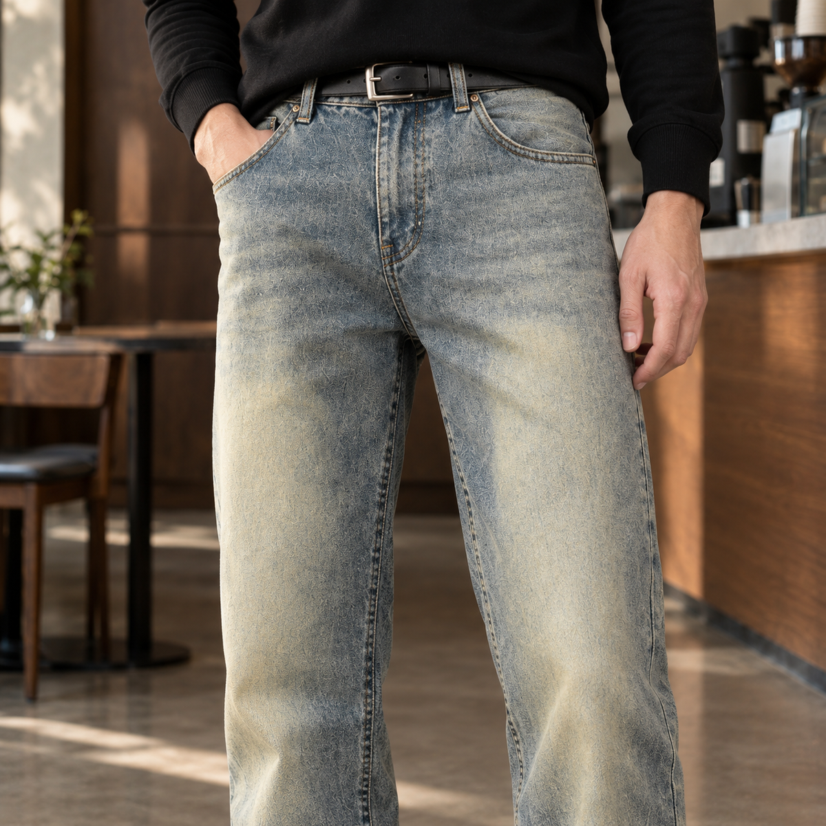 Men's Flared Jeans in Vintage Blue - alternate angle showing fit and fabric detail