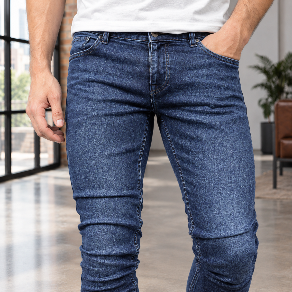 Men's Skinny Jeans in Dark Blue - alternate angle showing fit and fabric detail