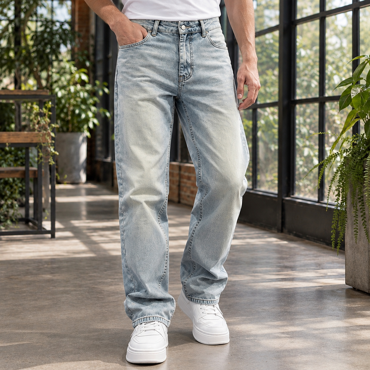 Men's Light Wash Straight Jeans in Blue - alternate angle showing fit and fabric detail