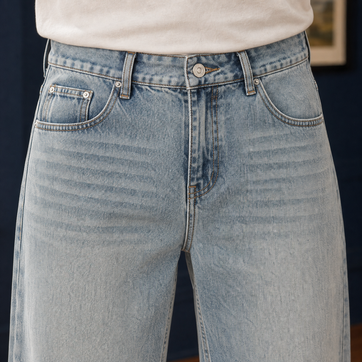Men's Wide Leg Jeans in Light Blue - alternate angle showing fit and fabric detail
