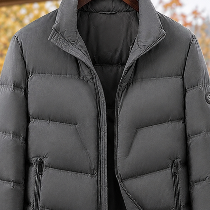 Men's Quilted Down Puffer Jacket in Grey - alternate angle showing fit and fabric detail