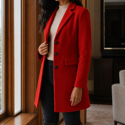 Women's Single-Breasted Tailored Coat in Red - alternate angle showing fit and fabric detail