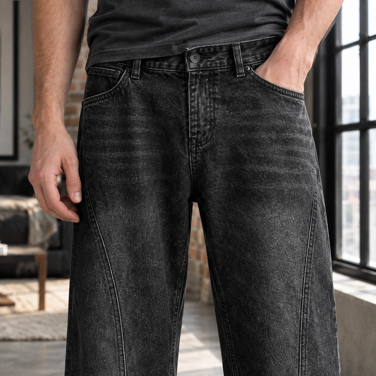 Men's Wide Leg Denim Jeans in Black - alternate angle showing fit and fabric detail