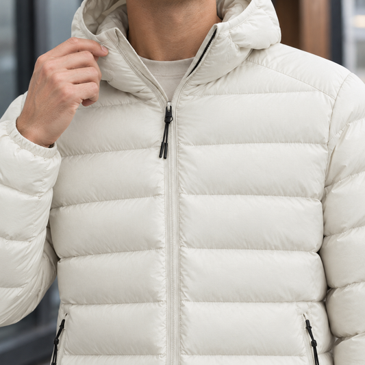 Men's Hooded Puffer Jacket in Off White - alternate angle showing fit and fabric detail