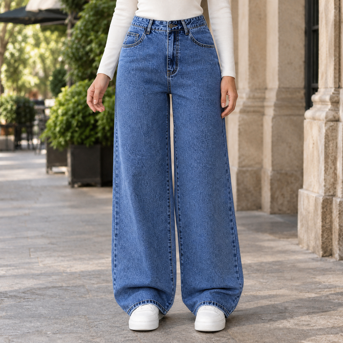 Women's Baggy Wide Leg Jeans in Dark Blue - front view
