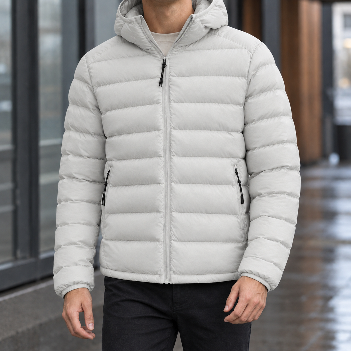 Men's Hooded Puffer Jacket in Light Grey - front view