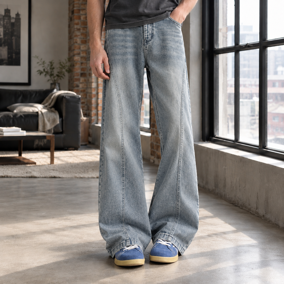 Men's Wide Leg Denim Jeans in Blue - front view