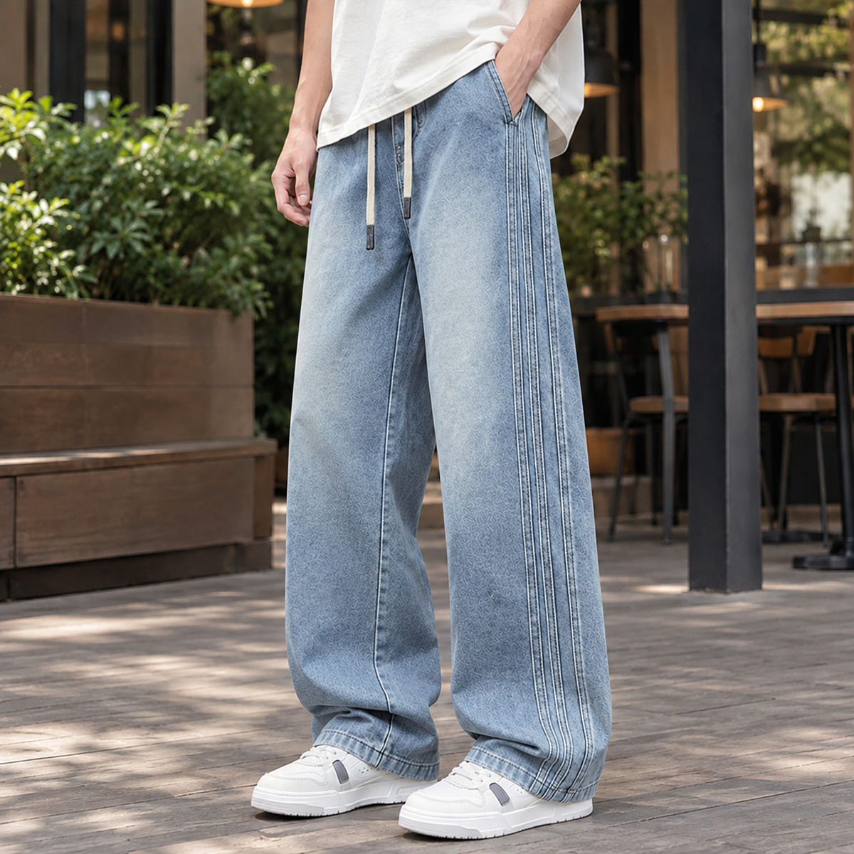 Men's Baggy Wide Leg Jeans in Light Blue - front view