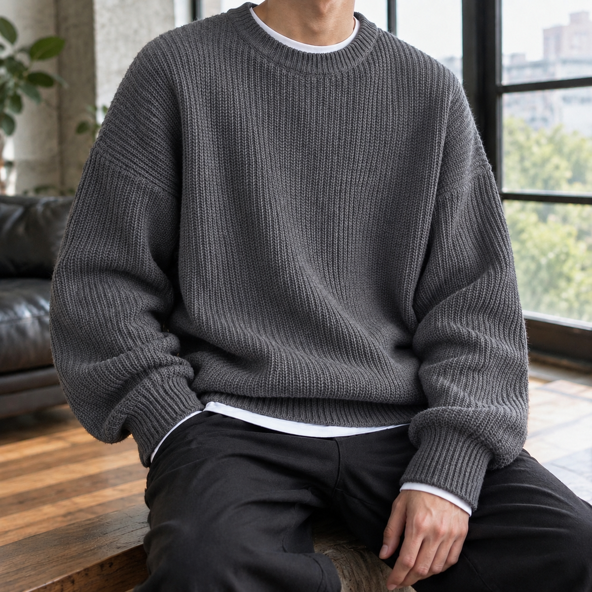 Men's Oversized Ribbed Crew Neck Sweater in Dark Gray - front view