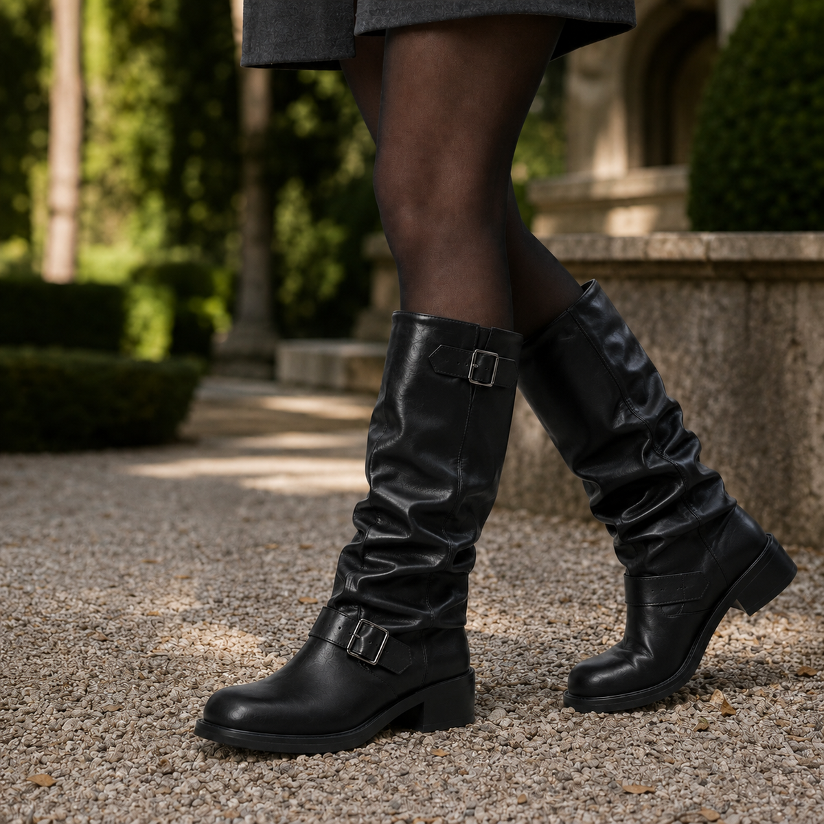 Women's Slouchy Mid-Calf Biker Boots in Black - front view