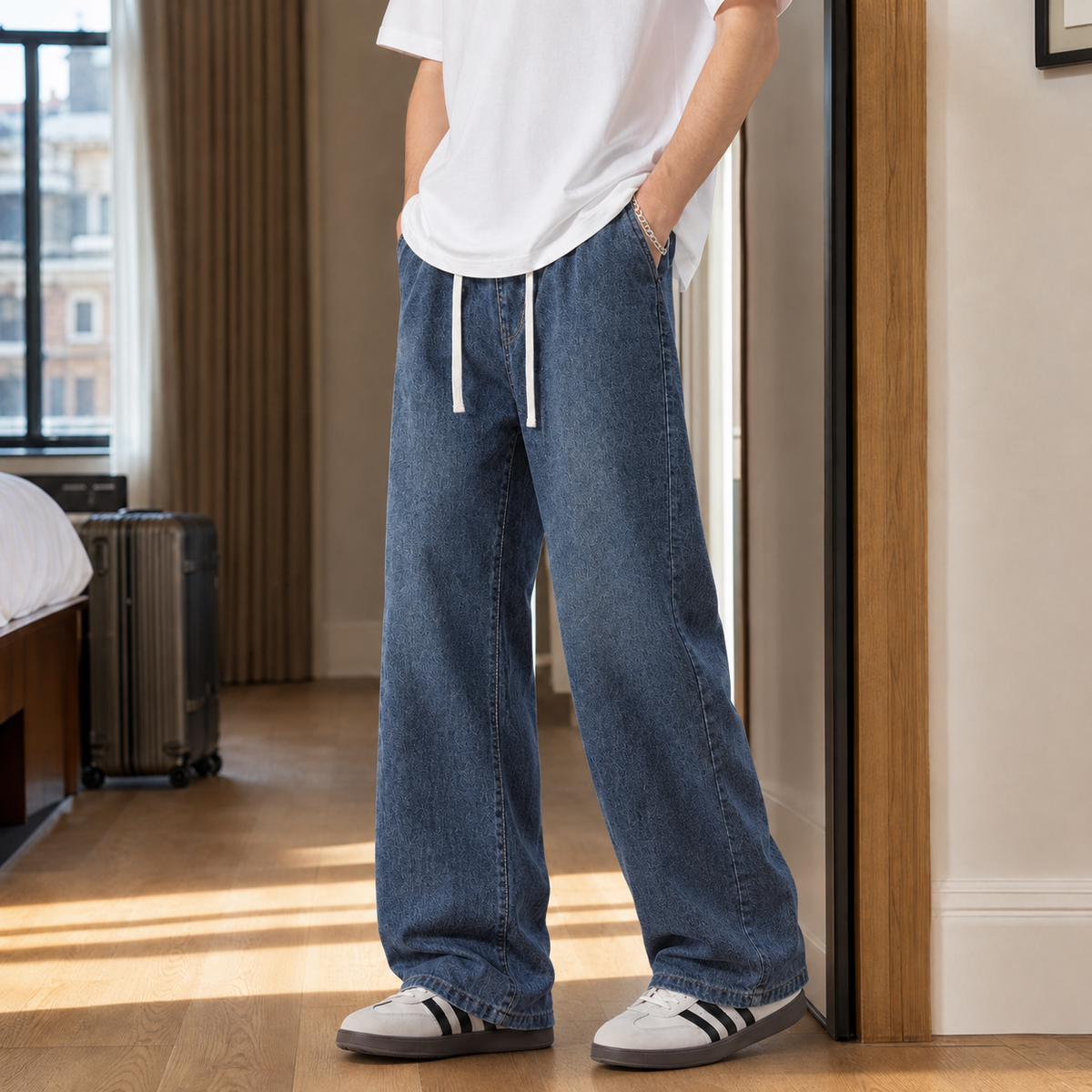 Men's Drawstring Wide Leg Jeans in Dark Blue - front view